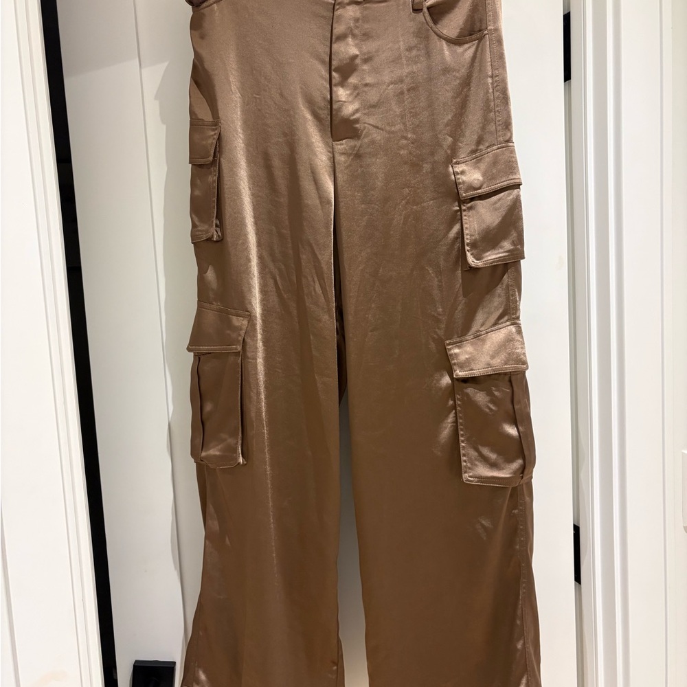Favorite Daughter Satin Cargo Wide-Leg Pants in Brown